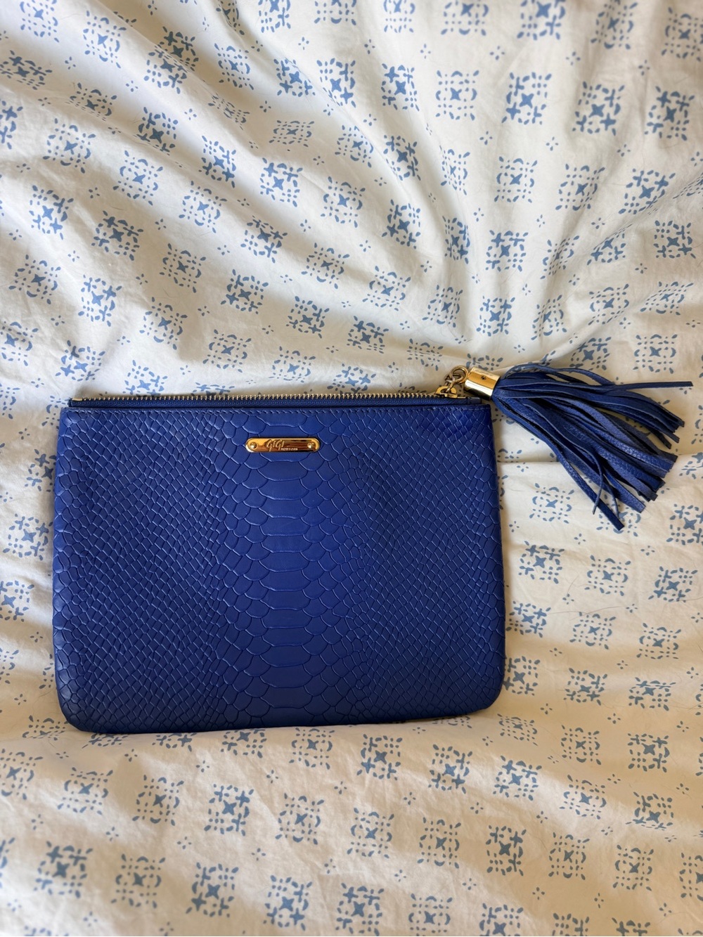 GiGi New York Blue Python Embossed Leather Tassel Clutch Pouch